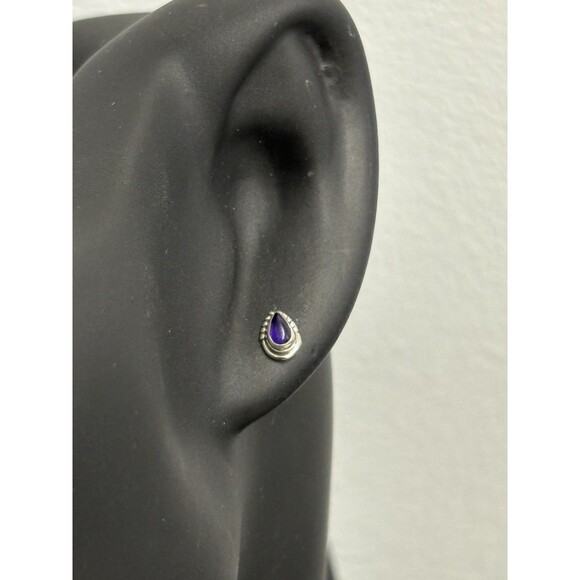 Petite 925 Solid Sterling Silver Genuine Amethyst Bezel Set Post Earrings - Picture 4 of 12
